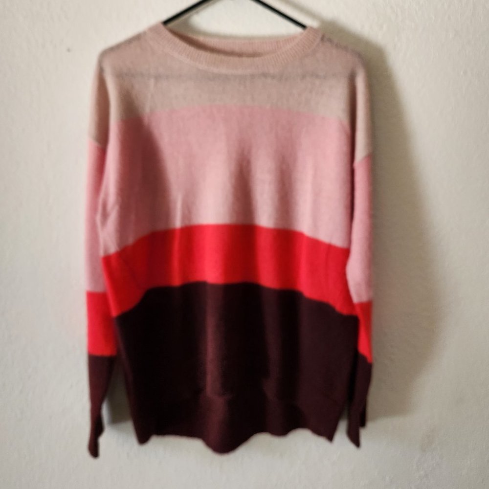 Loft Sweater Womens Medium Lightweight Crew Neck High Low Hem Color Block Pink